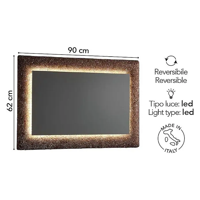 Kiamami Valentina Lichtspiegel - 0,02 x 620 cm, Farblos - Rechteckiger Spiegel mit LED-Hintergrundbeleuchtung und strukturiertem, funkelndem bronzefarbenem Rahmen. Maße: 90x62 cm, reversibel.