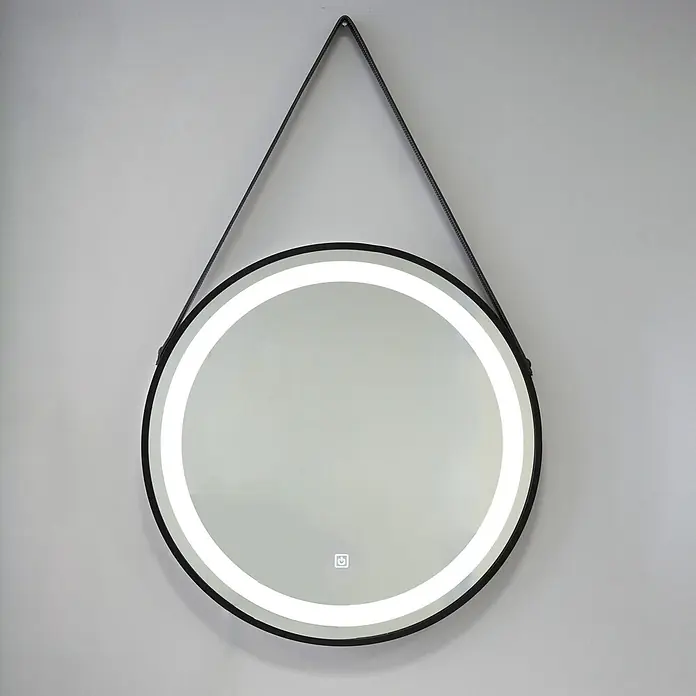 Kiamami Valentina Lichtspiegel - 0,02 x 600 cm, Schwarz - Runder Spiegel mit schwarzem Rahmen und integrierter LED-Beleuchtung, an einem schwarzen Riemen aufgehängt, mit Touch-Power-Taste.