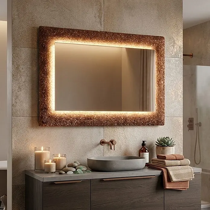 Kiamami Valentina Lichtspiegel - 0,02 x 620 cm, Farblos - Rechteckiger Spiegel mit beleuchtetem, texturiertem bronzefarbenem Rahmen über einem Badezimmerschrank.
