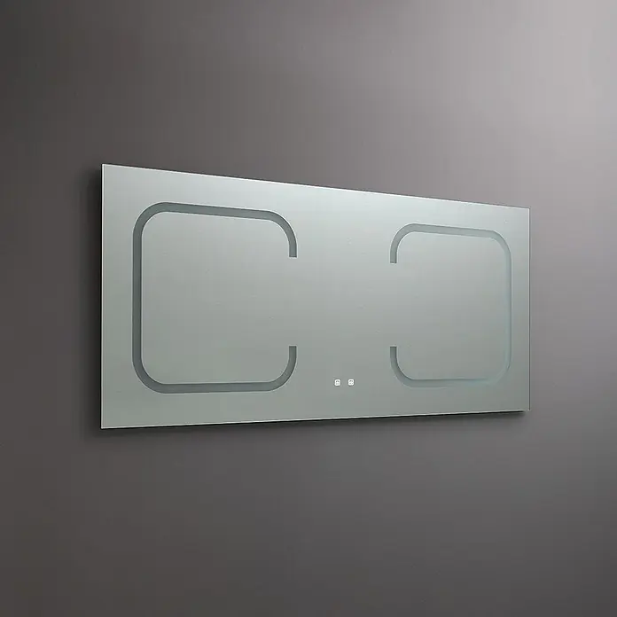 Kiamami Valentina Lichtspiegel - 0,02 x 800 cm, Farblos - Rechteckiger Spiegel mit integrierter LED-Beleuchtung, zwei großen beleuchteten C-Formen und zwei Touch-Bediensymbolen.