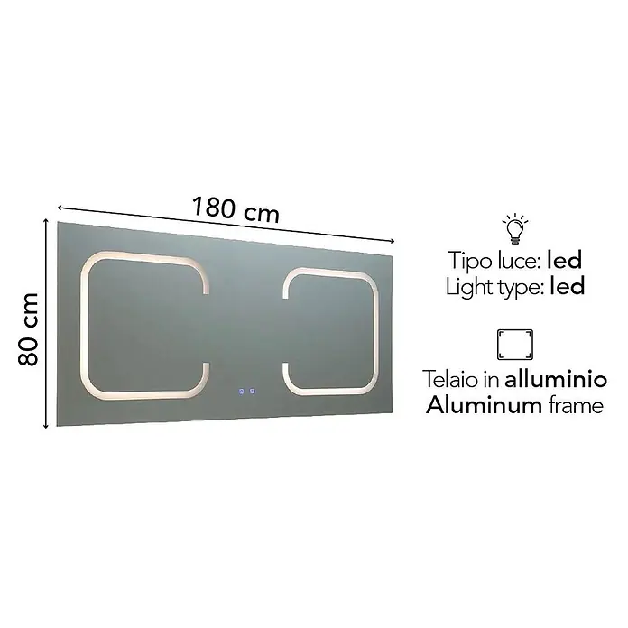 Kiamami Valentina Lichtspiegel - 0,02 x 800 cm, Farblos - Rechteckiger LED-Spiegel, 180x80 cm, mit Aluminiumrahmen und zwei integrierten Lichtabschnitten.