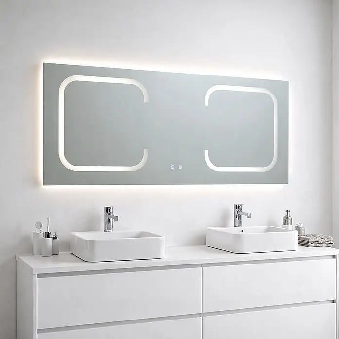 Kiamami Valentina Lichtspiegel - 0,02 x 800 cm, Farblos - Rechteckiger LED-Spiegel mit interner Beleuchtung und Touch-Bedienung über weißem Doppelwaschtisch mit zwei quadratischen Waschbecken.