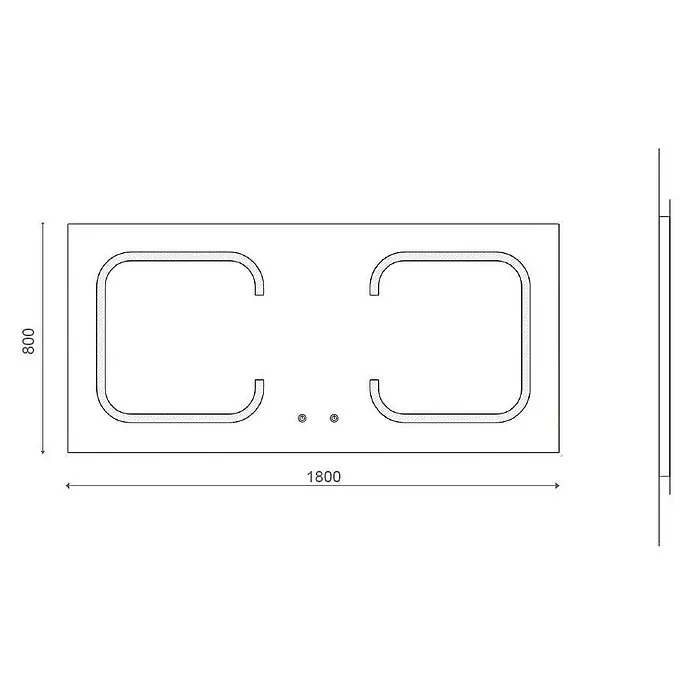 Kiamami Valentina Lichtspiegel - 0,02 x 800 cm, Farblos - Technische Zeichnung einer rechteckigen Doppelwaschtischplatte, 1800x800mm, mit zwei integrierten Becken und Hahnlöchern.