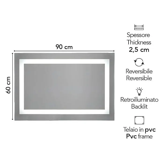 Kiamami Valentina Lichtspiegel - 25 x 600 cm, Farblos - Rechteckiger 90x60 cm beleuchteter LED-Spiegel mit PVC-Rahmen, 2,5 cm dick und wendbar.