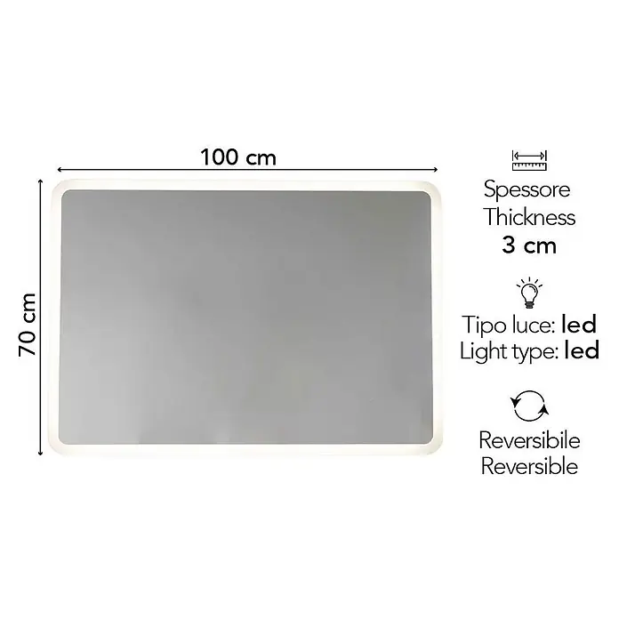 Kiamami Valentina Lichtspiegel - 0,02 x 700 cm, Farblos - Rechteckiger LED-Spiegel mit abgerundeten Ecken, 100x70x3 cm, LED-beleuchtet und reversibel.