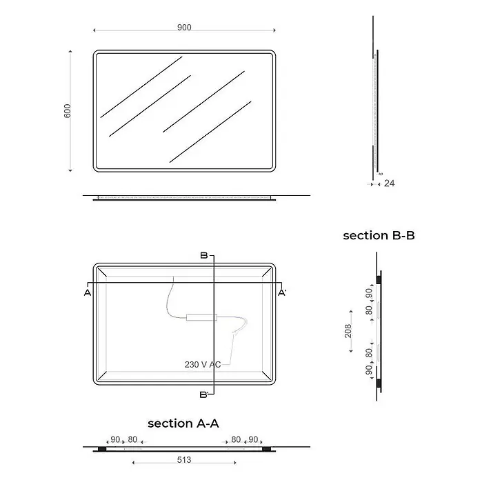 Kiamami Valentina Lichtspiegel - 30 x 600 cm, Farblos - Technische Zeichnung eines rechteckigen Spiegels mit abgerundeten Ecken, Maßen (900x600 mm) und elektrischem Anschluss (230 V AC).