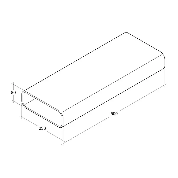 Air-Circle Rechteckrohr - 50 x 23 x 8 cm, Max. Luftleistung: 600 m³/h - Illustration eines rechteckigen Hohlprofils mit den Maßen 80x230x500, das die Konstruktionsdetails zeigt.