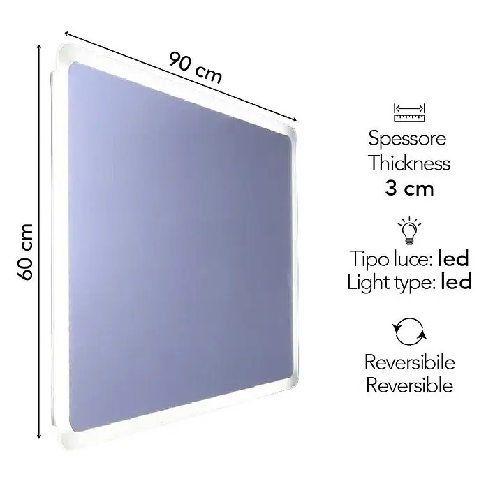 Kiamami Valentina Lichtspiegel - 30 x 600 cm, Farblos - Rechteckiger LED-Spiegel, 90x60 cm, 3 cm dick, mit LED-Beleuchtung und reversibler Installation.