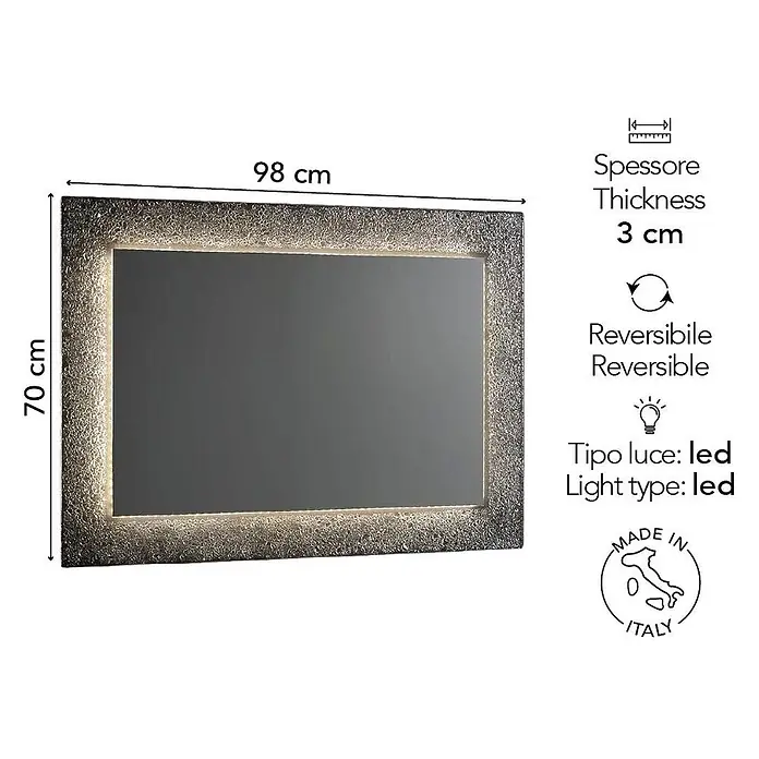 Kiamami Valentina Lichtspiegel - 30 x 700 cm, Transparent - Rechteckiger LED-Spiegel mit strukturierter silbergrauer Umrandung, 98x70x3 cm, reversibel.