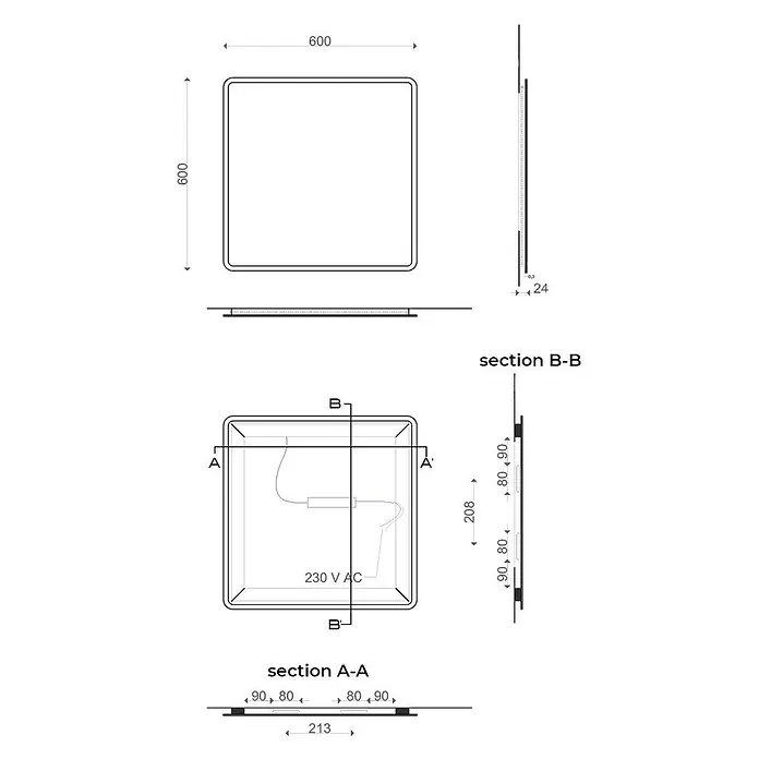 Kiamami Valentina Lichtspiegel - 30 x 600 cm, Farblos - Technische Zeichnung eines quadratischen LED-Spiegels, 600x600x24mm, mit 230V AC Anschluss.