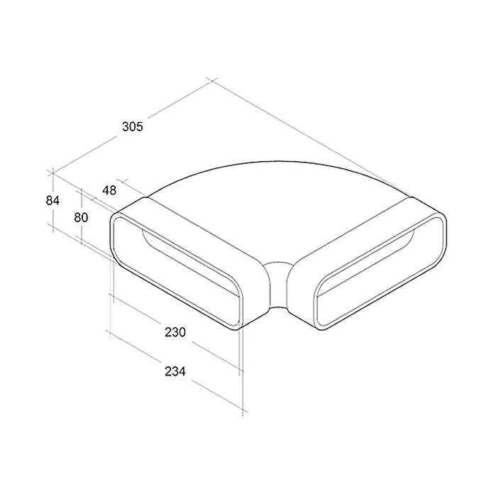 Air-Circle Flachkanal-Bogen - 230 x 80 mm, Waagerecht - Detaillierte isometrische Zeichnung eines rechteckigen Kanalbogens mit Bemaßungen für technische Dokumentationen.