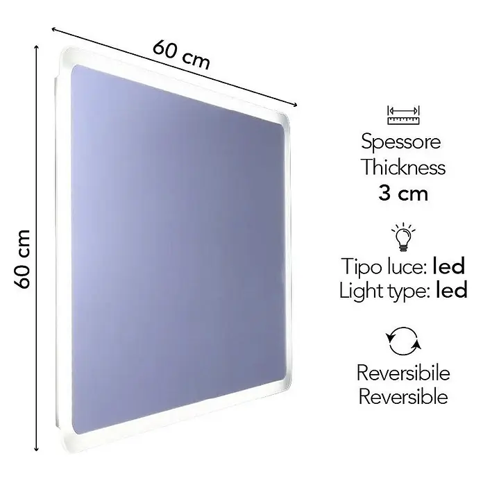 Kiamami Valentina Lichtspiegel - 30 x 600 cm, Farblos - Quadratischer LED-Spiegel, 60x60 cm, 3 cm dick, reversibel.
