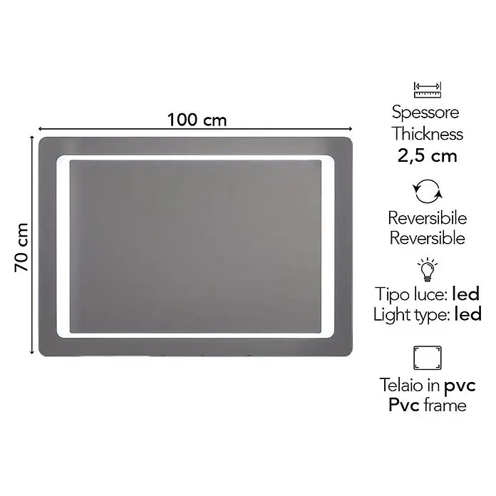 Kiamami Valentina Lichtspiegel - 25 x 700 cm, Farblos - Rechteckiger LED-Spiegel mit abgerundeten Ecken, 100x70 cm, mit PVC-Rahmen. Reversibel und 2,5 cm dick.