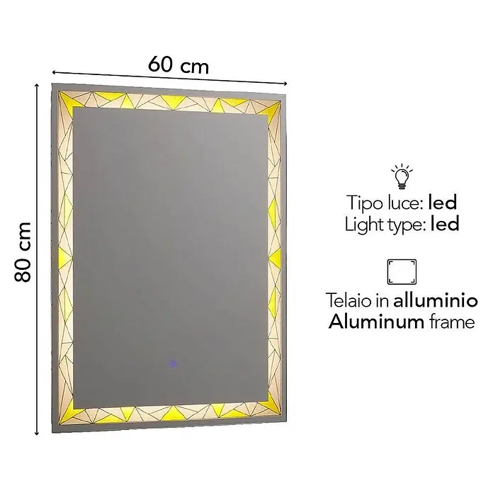 Kiamami Valentina Lichtspiegel - 20 x 800 cm, Farblos - Rechteckiger Spiegel mit integrierter LED-Beleuchtung und Aluminiumrahmen, 60x80 cm.