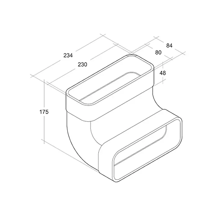 Air-Circle Flachkanal-Bogen - 230 x 80 mm, Senkrecht - Schematische Darstellung eines rechteckigen Kanalbogens mit Maßangaben zur Veranschaulichung der Abmessungen.