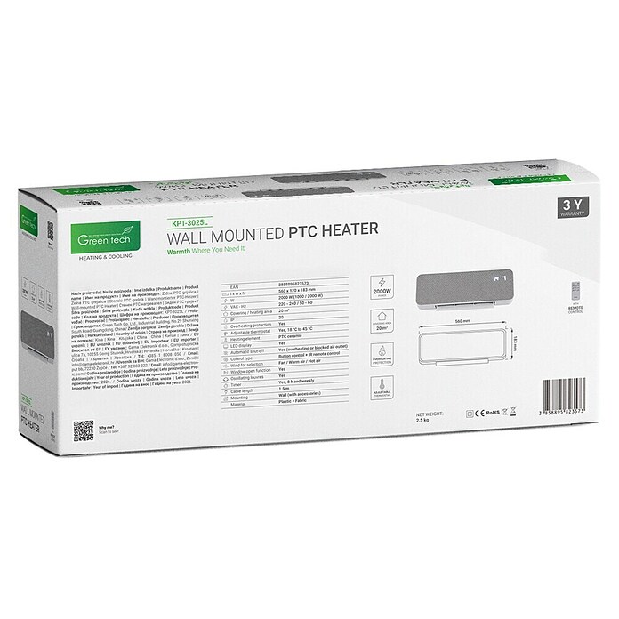Green Tech Stenski grelnik  (2 kW, Siva, 56 x 12 x 18,3 cm) | 3405 - Gebläseheizer Marke | CBNA - Heizen Marke | CBN - Heizen | CB - Elektroinstallation | C - Elektro | BAUHAUS