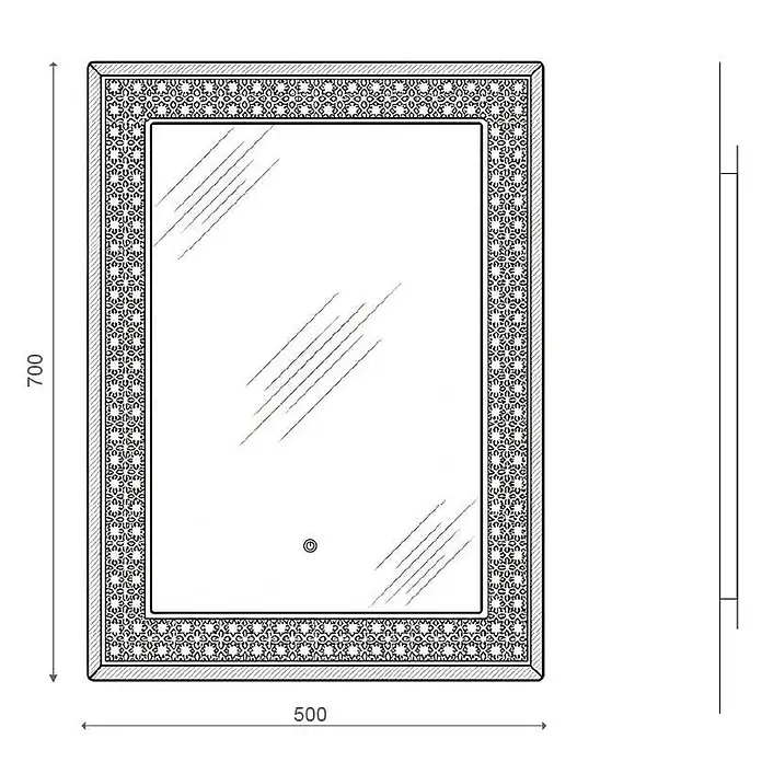 Kiamami Valentina Lichtspiegel - 0,02 x 700 cm, Farblos - Rechteckiger Spiegel mit verziertem, gemustertem Rahmen und beleuchtetem Touch-Knopf. Maße 700x500 mm.