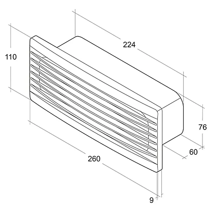 Air-Circle Außengitter - Maße Anschlussstutzen: 230 x 80 mm, Weiß, Mit Rückstauklappe - Produktansicht des rechteckigen Lüftungsgitters mit Abmessungen in technischer Zeichnung.