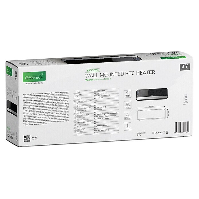 Green Tech Stenski grelnik  (2 kW, Črna) | 3405 - Gebläseheizer Marke | CBNA - Heizen Marke | CBN - Heizen | CB - Elektroinstallation | C - Elektro | BAUHAUS