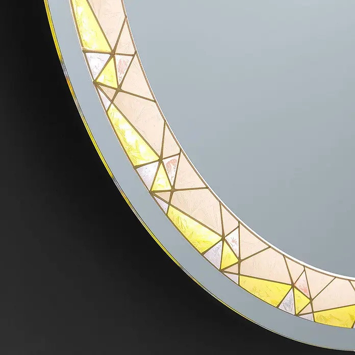 Kiamami Valentina Lichtspiegel - 0,02 x 600 cm, Farblos - Runder Spiegel mit beleuchtetem, geometrischem Rahmen in Gold-, Gelb- und Rosatönen.