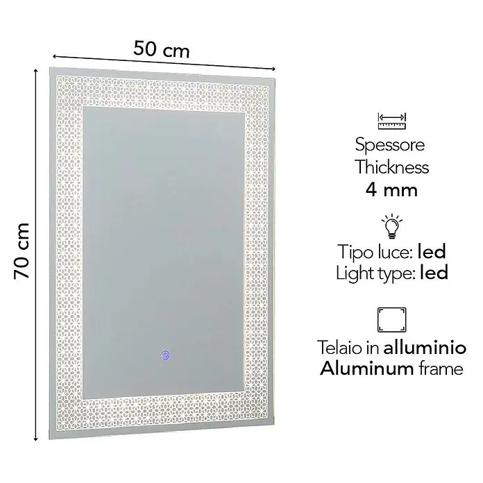 Kiamami Valentina Lichtspiegel - 0,02 x 700 cm, Farblos - Rechteckiger LED-Spiegel mit dekorativem Ätzmusterrahmen, 50x70 cm, 4mm dick, Aluminiumrahmen.