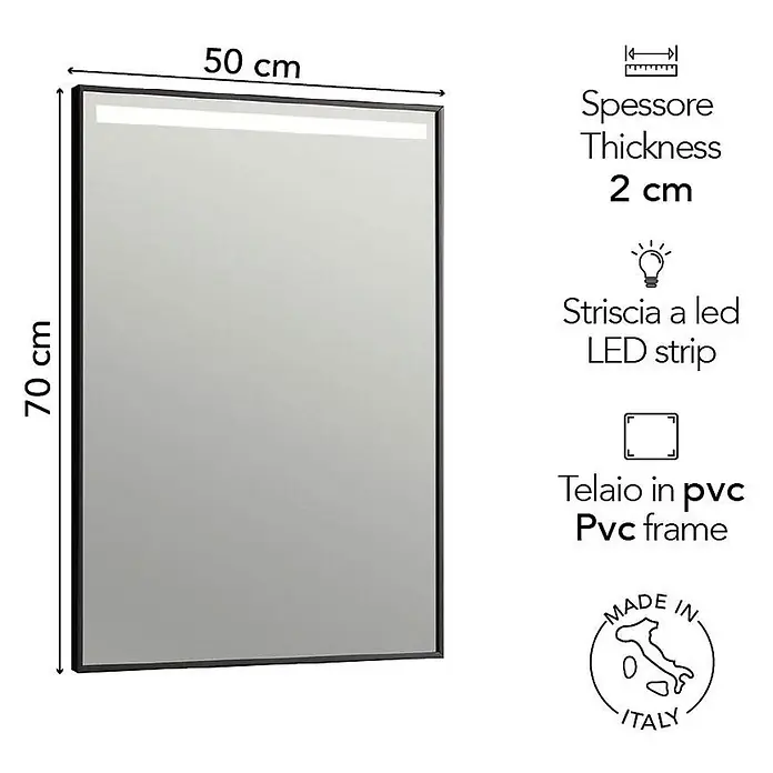 Kiamami Valentina Lichtspiegel - 20 x 700 cm, Schwarz - Rechteckiger Spiegel mit oberer LED-Leiste und schwarzem PVC-Rahmen, 50x70 cm.