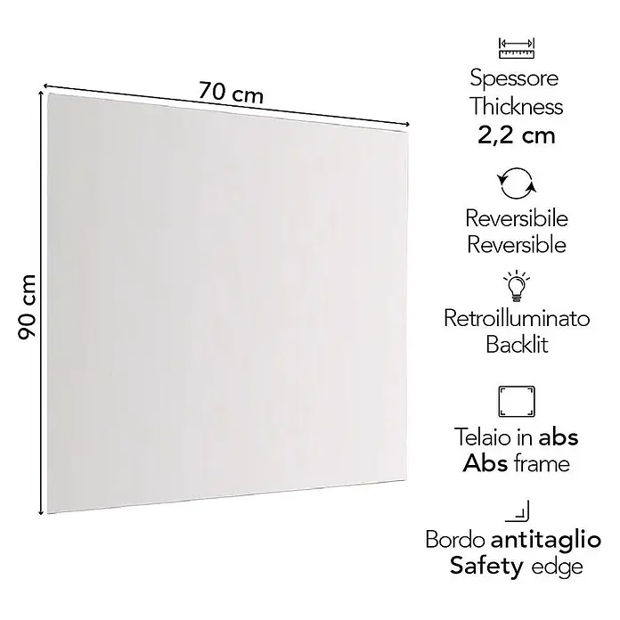 Kiamami Valentina Lichtspiegel - 22 x 700 cm, Farblos - Weißes 70x90 cm hinterleuchtetes Panel mit ABS-Rahmen und Sicherheitskante, 2,2 cm dick, wendbar.