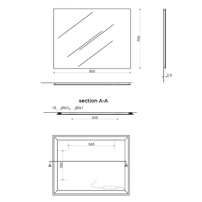 Kiamami Valentina Lichtspiegel - 22 x 700 cm, Farblos - Technische Zeichnung eines rechteckigen Spiegels (900x700mm) mit integrierter Beleuchtung und Dickenangaben.