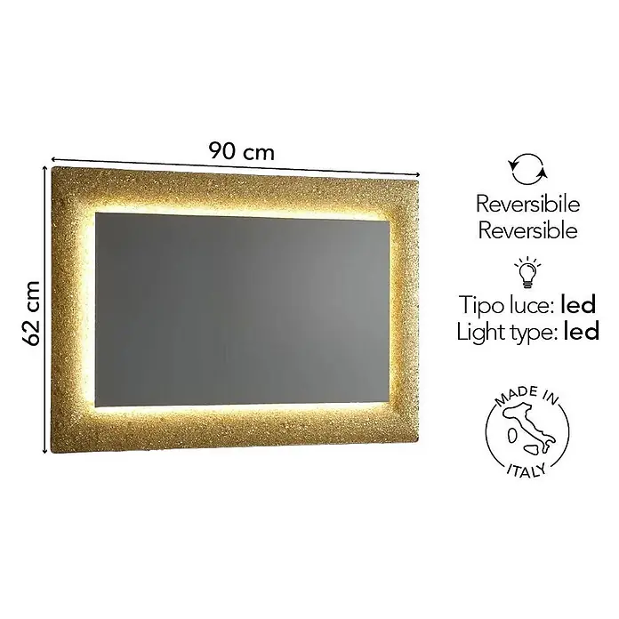 Kiamami Valentina Lichtspiegel - 0,02 x 620 cm, Farblos - Rechteckiger LED-Spiegel mit strukturiertem Goldrahmen, 90x62 cm, wendbar.