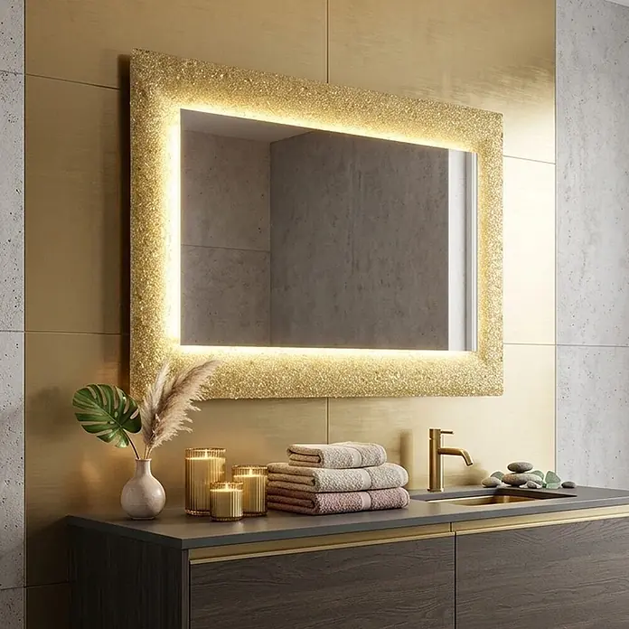 Kiamami Valentina Lichtspiegel - 0,02 x 620 cm, Farblos - Rechteckiger Spiegel mit goldenem Glitzerrahmen und integrierter LED-Beleuchtung im modernen Bad.
