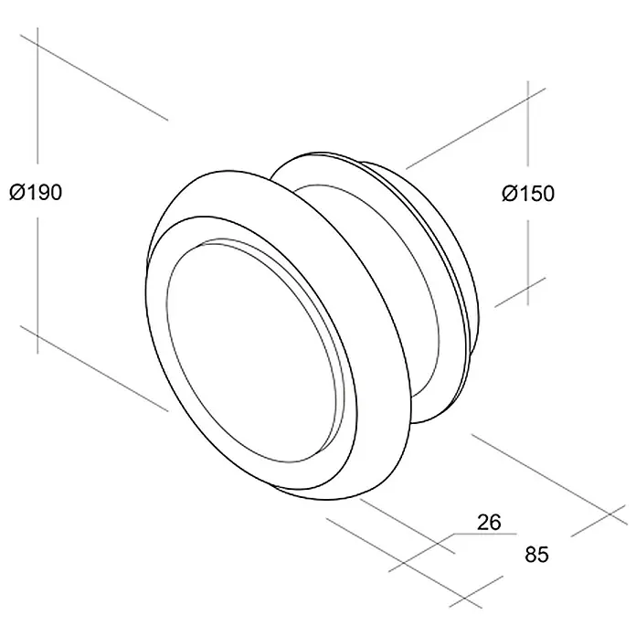 Air-Circle Tellerventil - Durchmesser Anschlussstutzen: 150 mm, Max. Luftleistung: 600 m³/h - Skizze einer runden Wandleuchte mit den Maßen Ø190 und Ø150, Tiefe 85, Detailansicht der Leuchte.