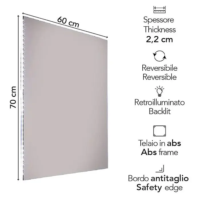 Kiamami Valentina Lichtspiegel - 22 x 700 cm, Farblos - Hellgrauer 60x70 cm hinterleuchteter Spiegel, 2,2 cm dick, mit ABS-Rahmen.