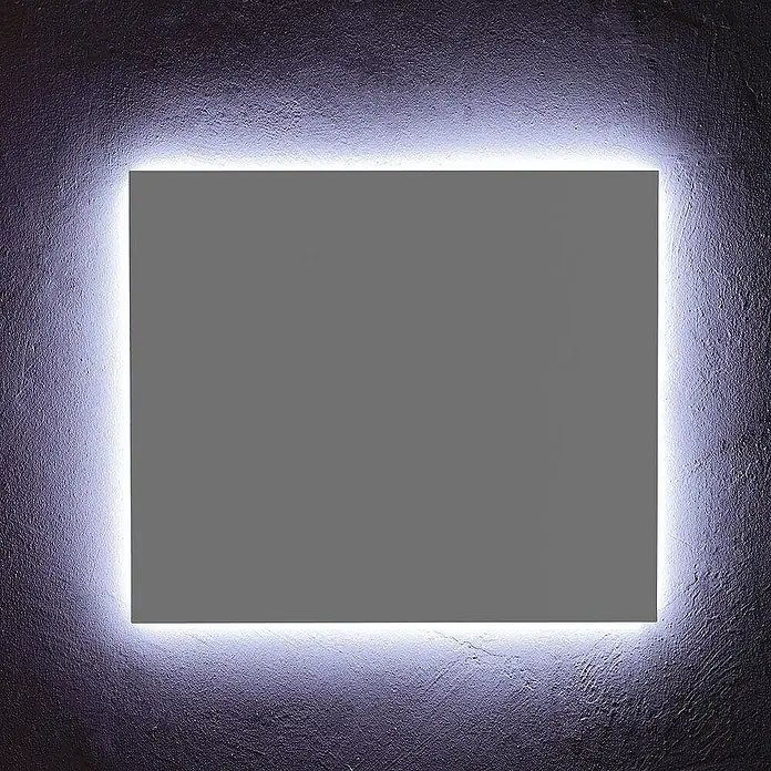 Kiamami Valentina Lichtspiegel - 22 x 700 cm, Farblos - Quadratischer grauer Spiegel mit heller LED-Hintergrundbeleuchtung, der einen Schein auf eine dunkle, strukturierte Wand wirft.