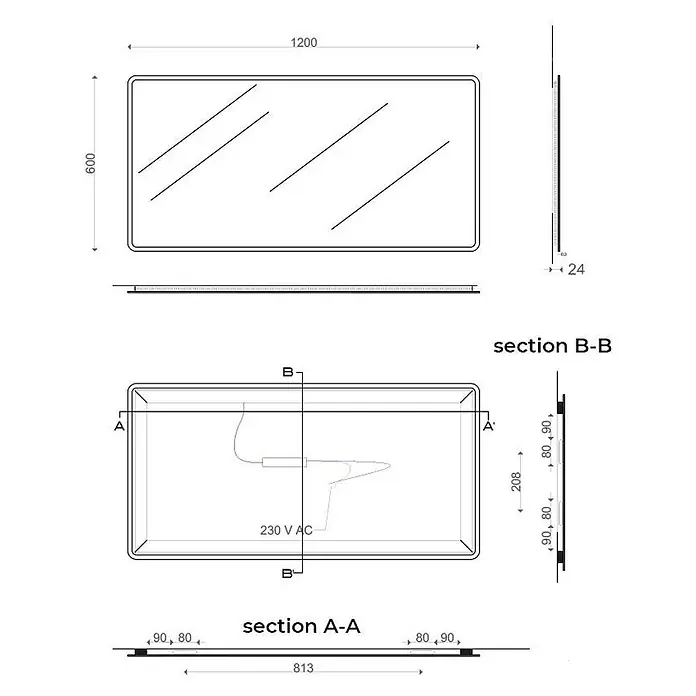 Kiamami Valentina Lichtspiegel - 30 x 600 cm, Farblos - Technische Zeichnung eines rechteckigen Spiegels, 1200x600x24mm, mit 230V AC Elektroanschluss.