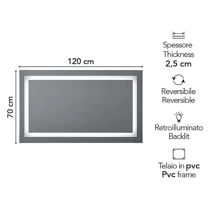 Kiamami Valentina Lichtspiegel - 25 x 700 cm, Farblos - Rechteckiger, hinterleuchteter Spiegel mit grauem PVC-Rahmen, 120x70 cm, 2,5 cm dick, reversibel.