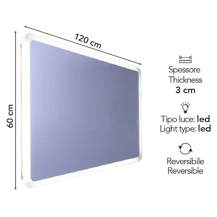 Kiamami Valentina Lichtspiegel - 30 x 600 cm, Farblos - Rechteckiger LED-Spiegel, 60x120 cm, 3 cm dick, mit beleuchteten Kanten. Reversibel.