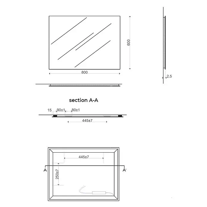 Kiamami Valentina Lichtspiegel - 22 x 600 cm, Farblos - Technische Zeichnung eines rechteckigen LED-Spiegels, 800x600mm, 2,5mm dick, mit internen Komponenten und Maßen.