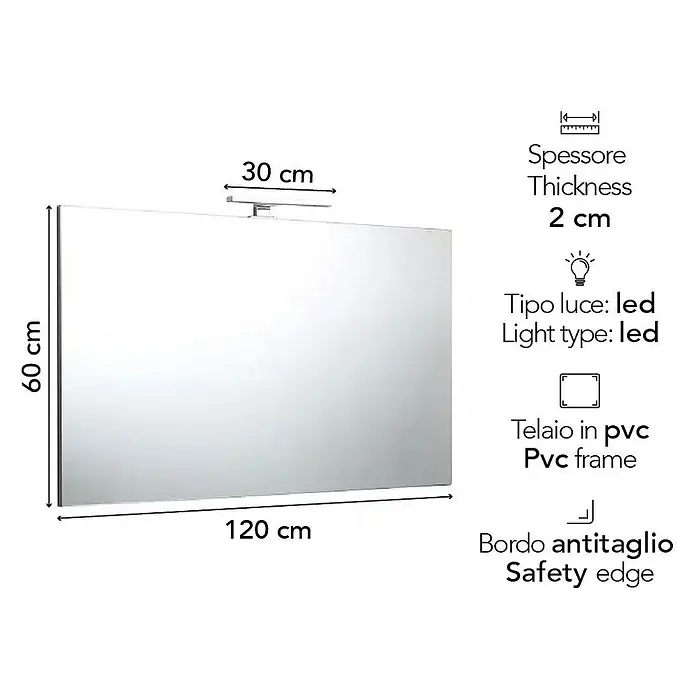Kiamami Valentina Lichtspiegel - 20 x 600 cm, Farblos - Rechteckiger Spiegel mit LED-Licht, PVC-Rahmen und Sicherheitskante. Maße: 120x60x2 cm. Lichtlänge: 30 cm.