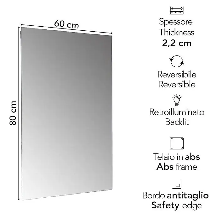 Kiamami Valentina Lichtspiegel - 22 x 600 cm, Farblos - Hinterleuchteter, reversibler Rechteckspiegel, 60x80cm, 2,2cm dick, mit ABS-Rahmen und Sicherheitskante.