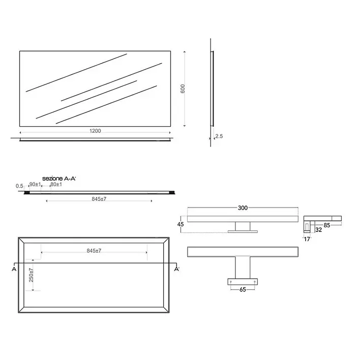 Kiamami Valentina Lichtspiegel - 20 x 600 cm, Farblos - Technische Zeichnung eines rechteckigen Spiegels mit integrierter Beleuchtung und separater Halterung, mit Maßen aus verschiedenen Ansichten.
