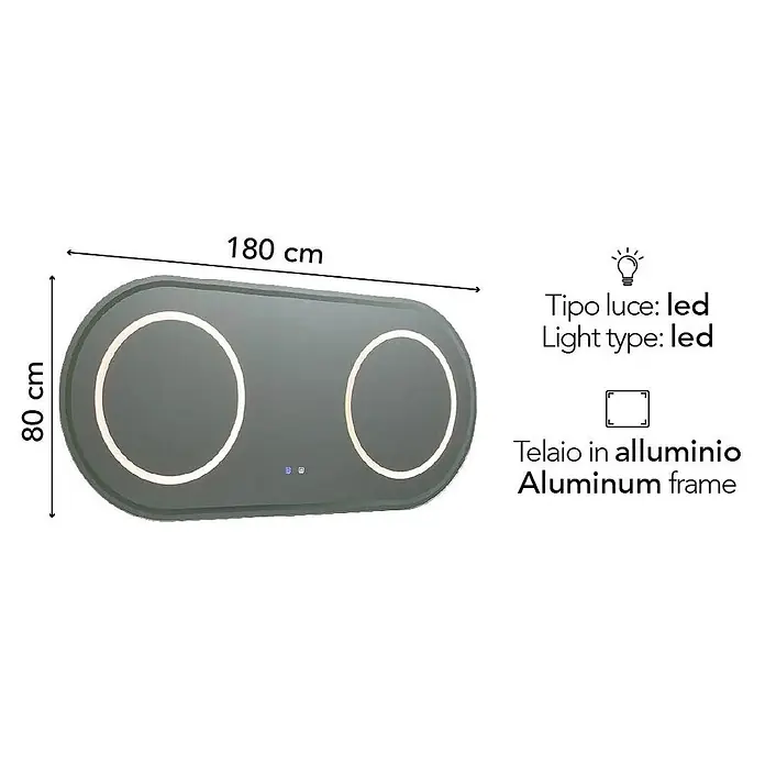 Kiamami Valentina Lichtspiegel - 0,02 x 800 cm, Farblos - Ovaler LED-Spiegel, 180x80cm, mit zwei kreisförmigen Lichtern und Aluminiumrahmen.