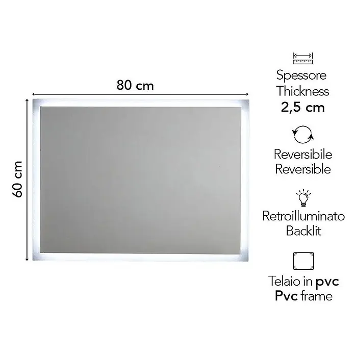 Kiamami Valentina Lichtspiegel - 25 x 600 cm, Farblos - Hinterleuchteter Rechteckspiegel, 80x60 cm, 2,5 cm dick, PVC-Rahmen, reversibel.