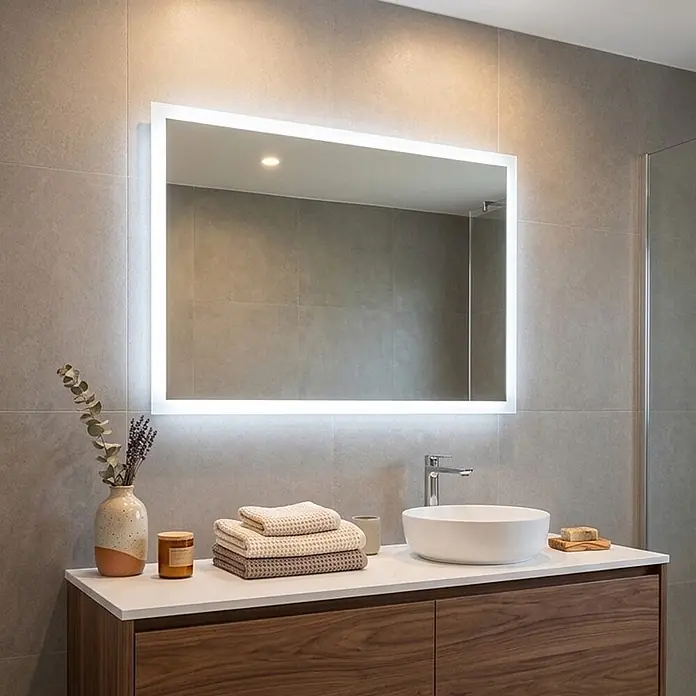 Kiamami Valentina Lichtspiegel - 25 x 600 cm, Farblos - Rechteckiger LED-hinterleuchteter Badezimmerspiegel über einem Holzwaschtisch mit weißem Waschbecken.