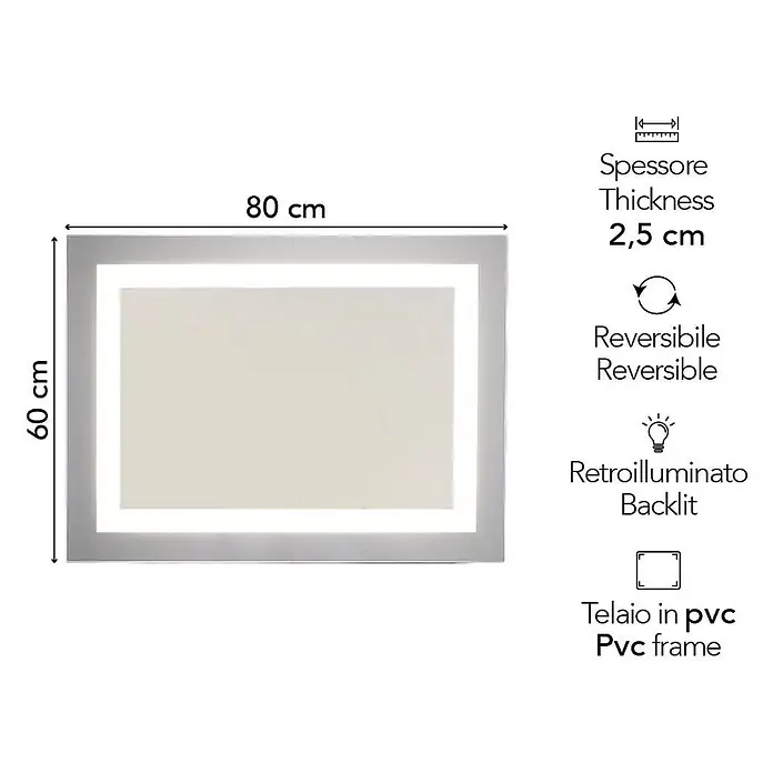 Kiamami Valentina Lichtspiegel - 25 x 600 cm, Farblos - Reversibler, hinterleuchteter Spiegel mit PVC-Rahmen, 80x60 cm.