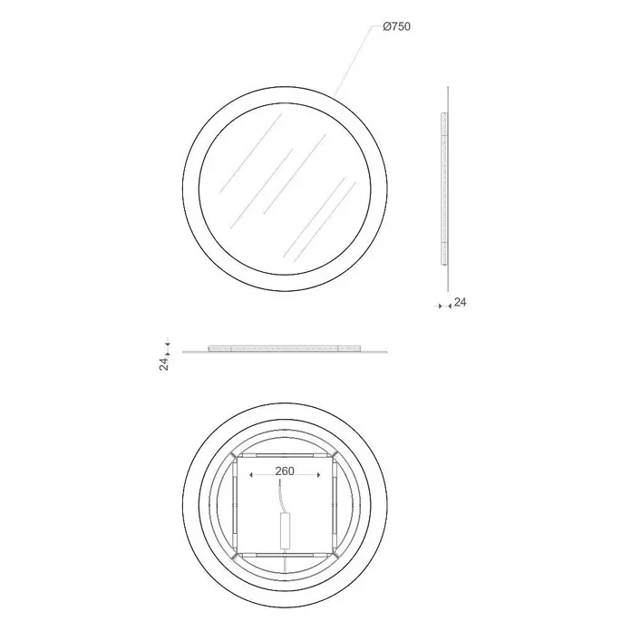 Kiamami Valentina Lichtspiegel - 0,02 x 750 cm, Farblos - Technische Zeichnung eines runden Spiegels, Ø750mm Durchmesser und 24mm Tiefe, mit Vorder-, Seiten- und Rückansicht.