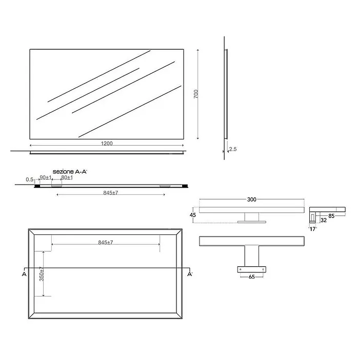 Kiamami Valentina Lichtspiegel - 25 x 700 cm, Farblos - Technische Zeichnung eines rechteckigen Spiegels (1200x700mm) mit Maßen, Querschnitt und Montagehalterung.