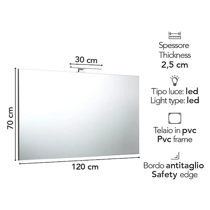 Kiamami Valentina Lichtspiegel - 25 x 700 cm, Farblos - Rechteckiger Spiegel (120x70 cm) mit LED-Lichtleiste, PVC-Rahmen und Sicherheitskante.