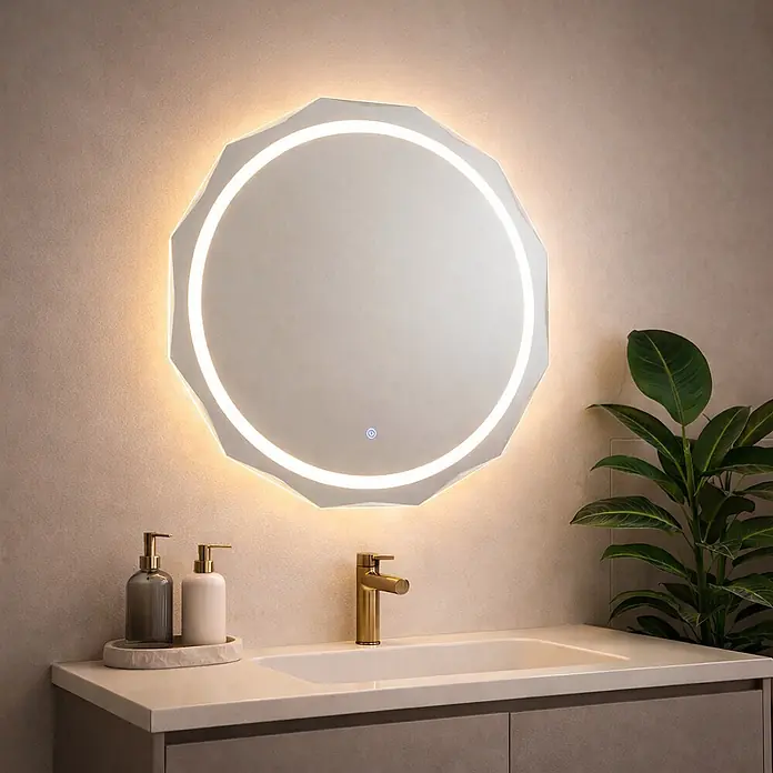 Kiamami Valentina Lichtspiegel - 0,02 x 760 cm, Farblos - Achthoekiger LED-beleuchteter Badezimmerspiegel über einem modernen Waschbecken mit Goldhahn.