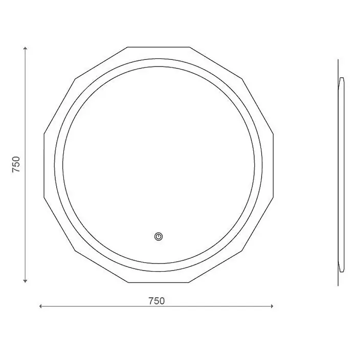 Kiamami Valentina Lichtspiegel - 0,02 x 760 cm, Farblos - Technische Zeichnung eines achteckigen LED-Spiegels mit integrierter Beleuchtung und Berührungssensor.