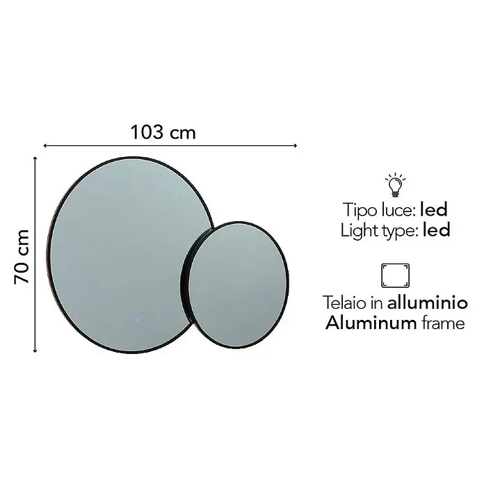 Kiamami Valentina Lichtspiegel - 0,02 x 700 cm, Schwarz - Zwei runde LED-Spiegel mit Aluminiumrahmen, 103 cm breit, 70 cm hoch.